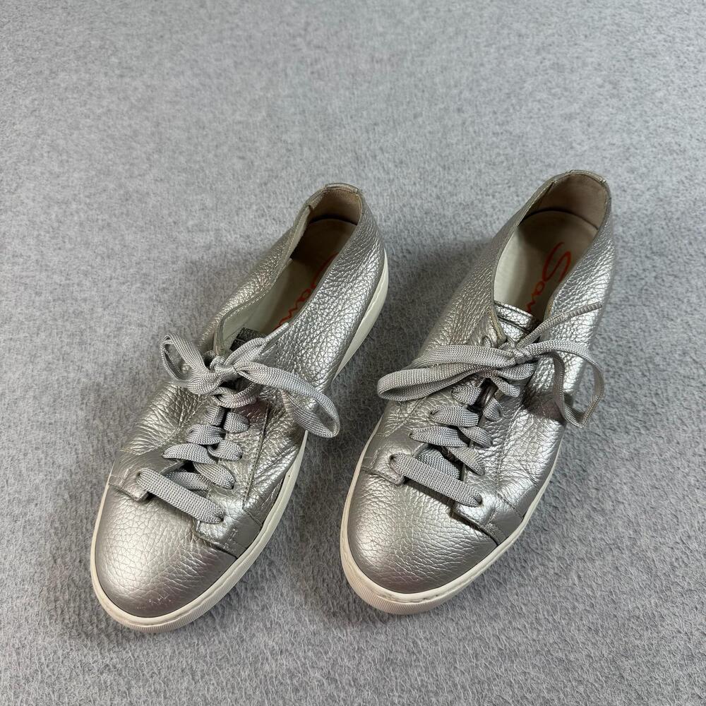 Santoni Shoes Womens Size 7.5 Silver Leather Low Top Sneakers Made Italy Comfort